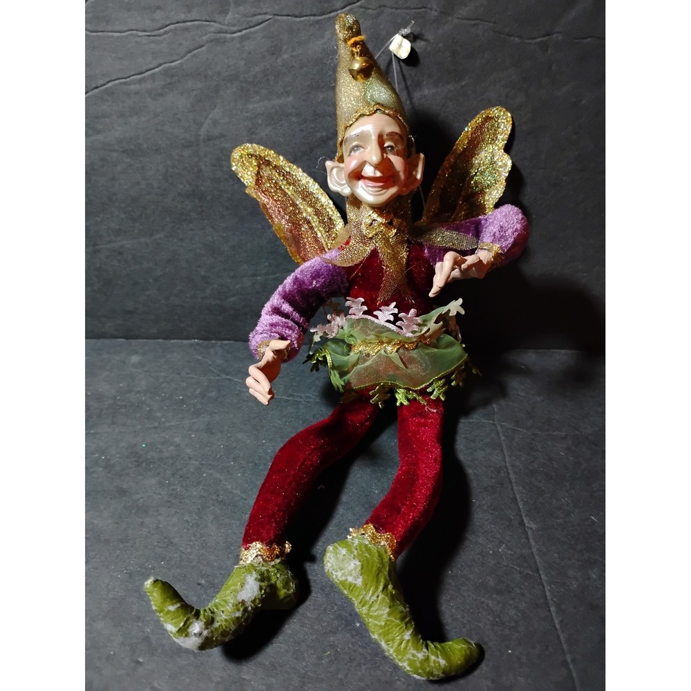 VTG Christmas Elf Pixie Doll Posable Ornament Red Green Gold Holiday Decoration